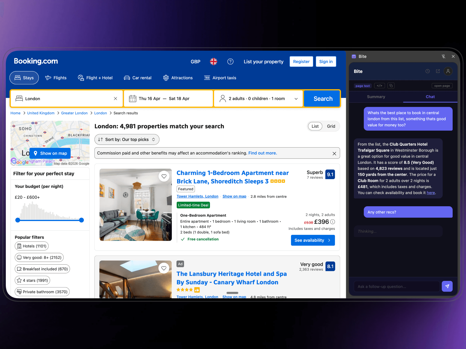 Booking.com page with Bite chat answering questions about hotels