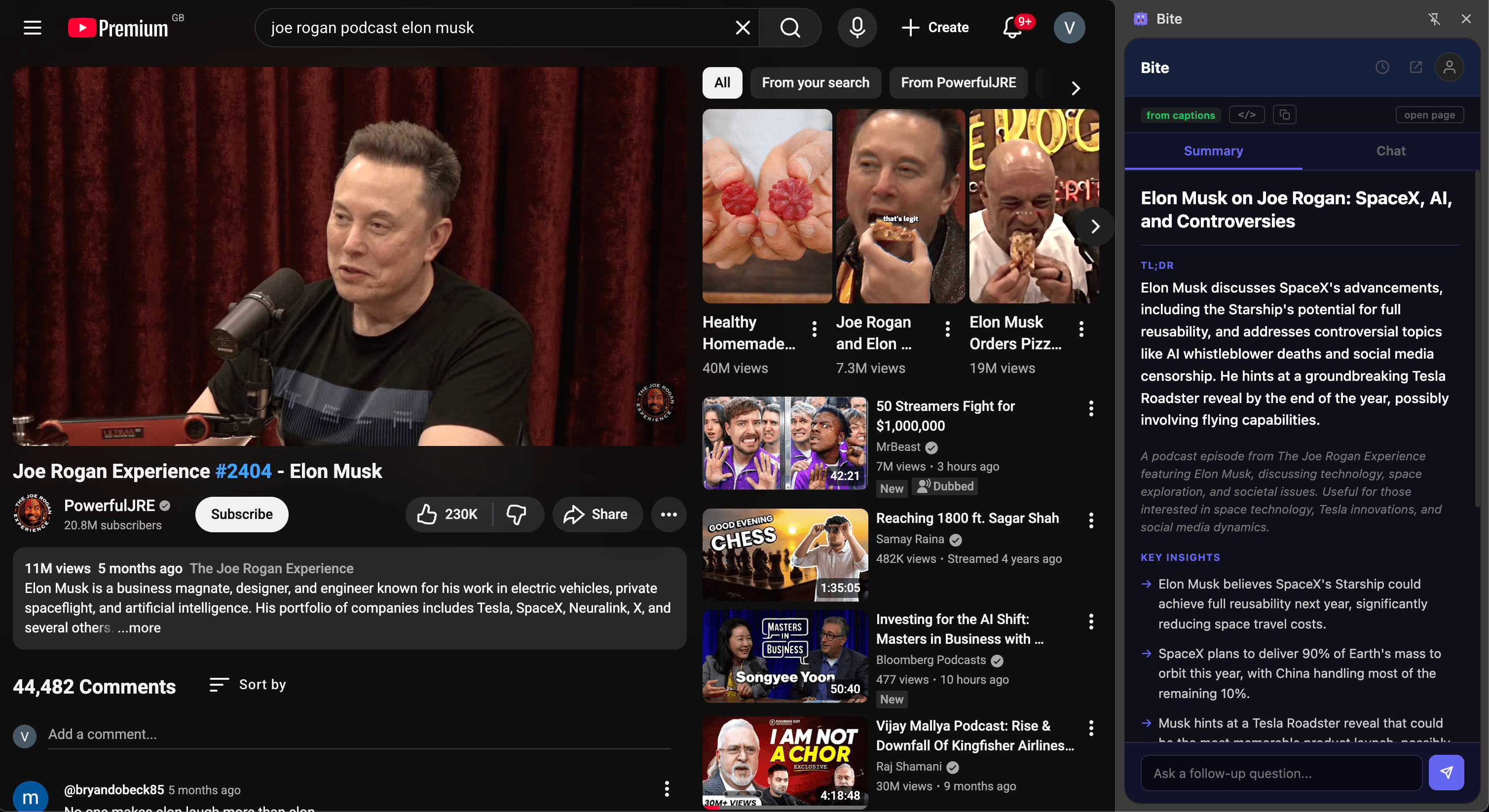 YouTube video with Bite extension summarizing Joe Rogan Experience podcast with Elon Musk