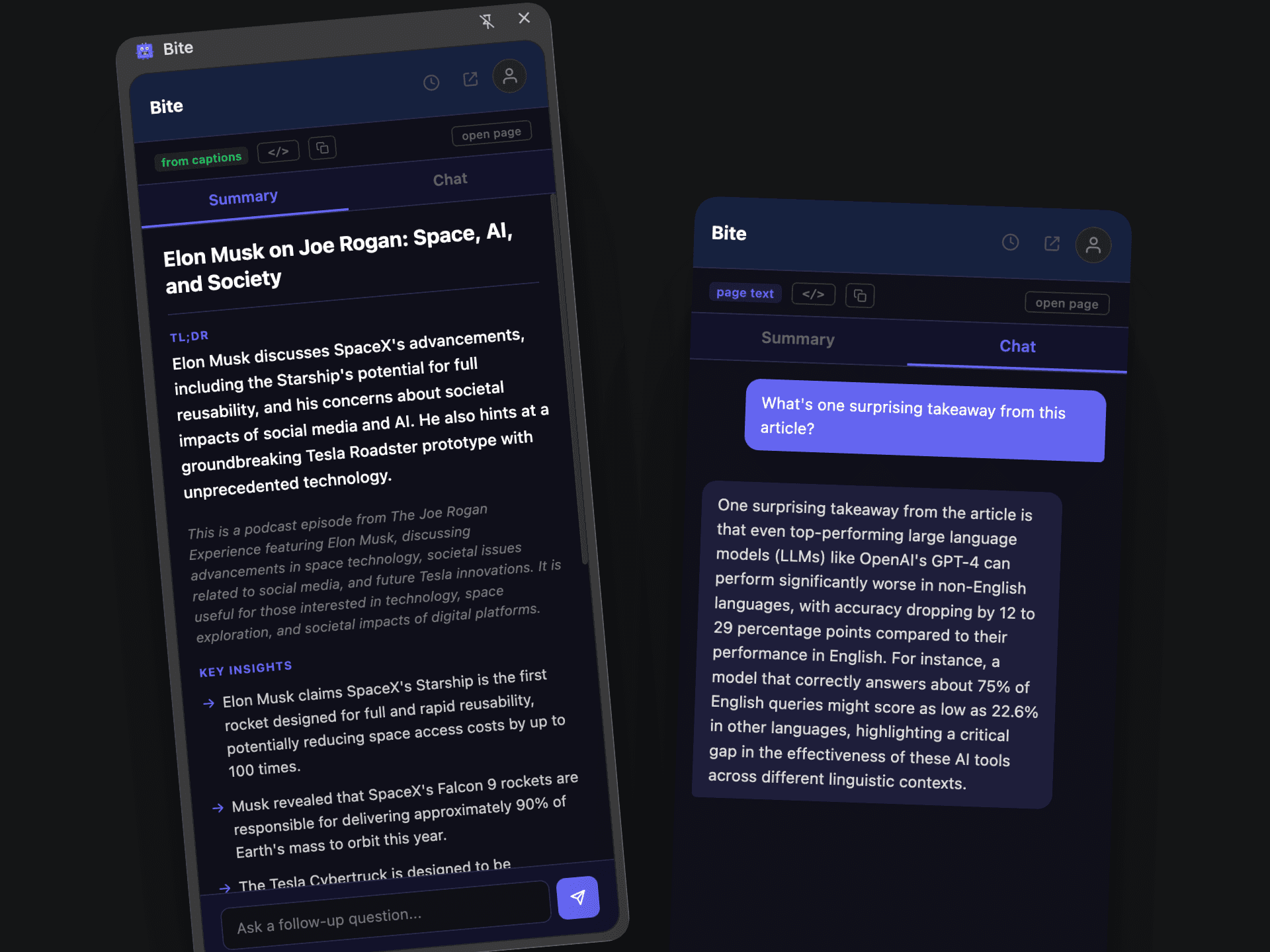 Bite extension showing summary and chat panels