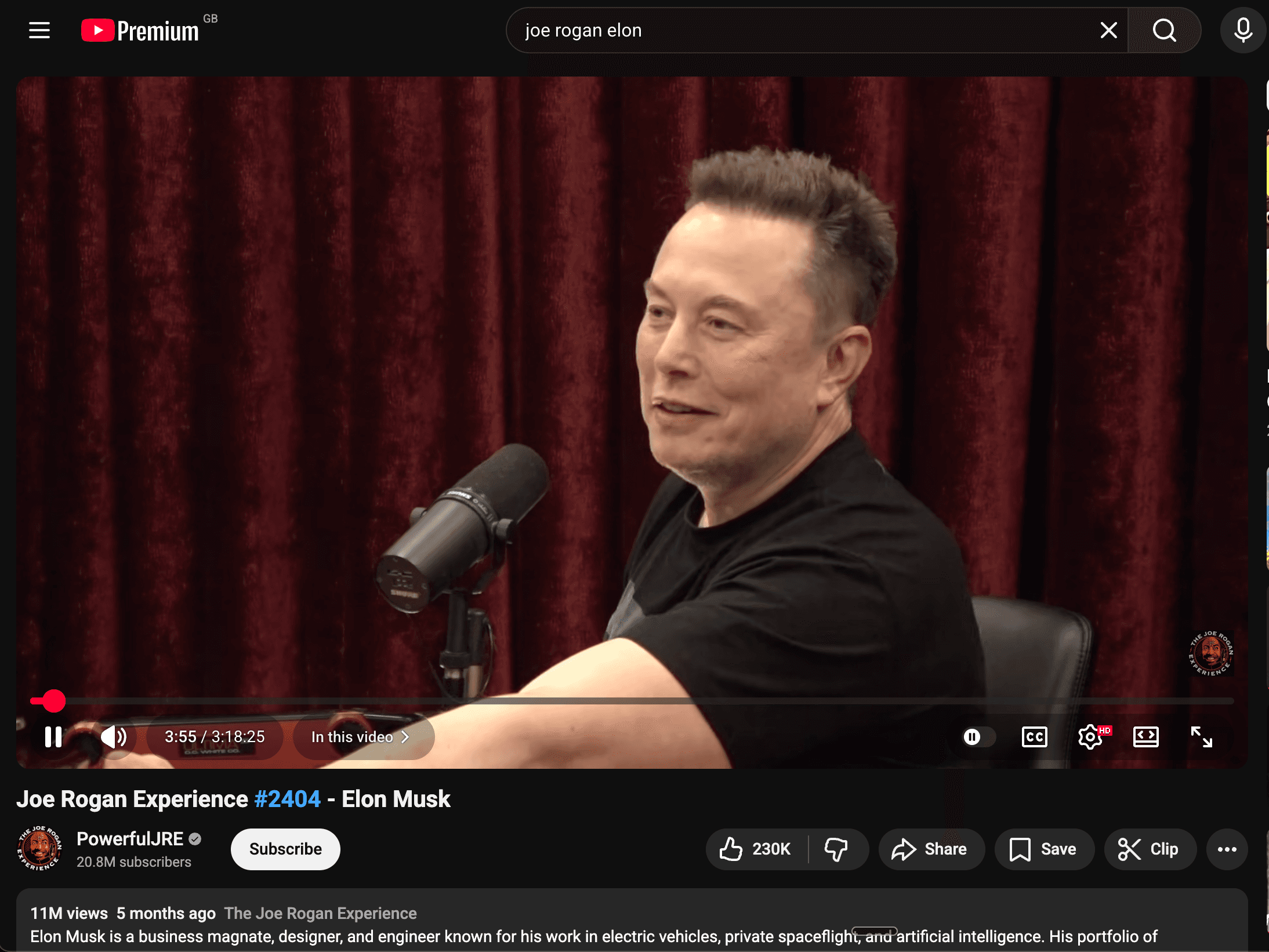 YouTube video page showing Joe Rogan Experience with Elon Musk